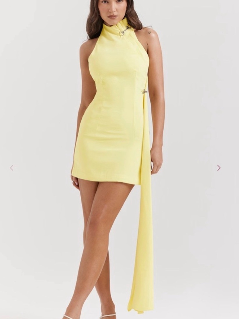 House of CB Pale Yellow Halter Mini Dress with Draped Side Panel